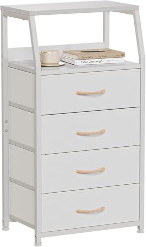 Tall Nightstand with 4 Fabric Drawers, Small Dresser for Bedroom | White Dorm Bedside Table , Dresser for Closet, Storage Drawer for Living Room, Entryway, Furniture, Metal Frame, Wood Top