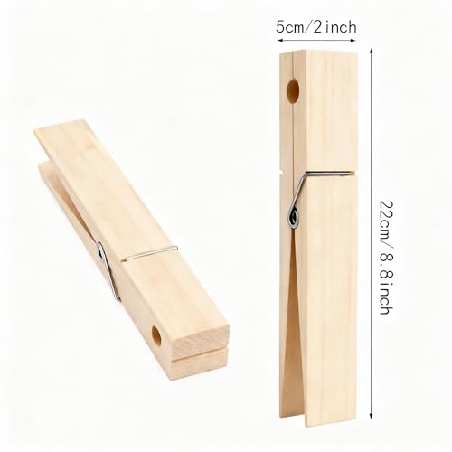 2 Pack 8.66 Inch Jumbo Natural Wooden Clothespin Wall Mount Holder | Solid wood construction, peel-and-stick no-drill install, farmhouse decor, holds towels clothes scarves bathroom laundry use