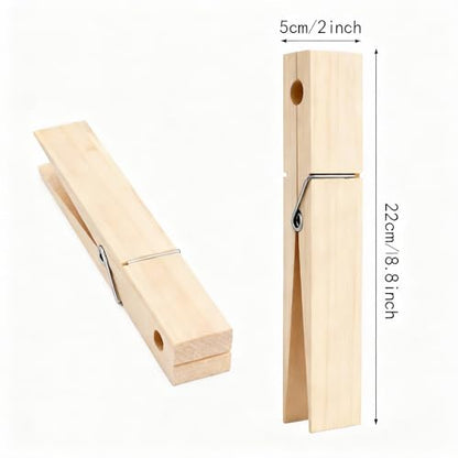 2 Pack 8.66 Inch Jumbo Natural Wooden Clothespin Wall Mount Holder | Solid wood construction, peel-and-stick no-drill install, farmhouse decor, holds towels clothes scarves bathroom laundry use