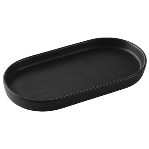 Matte Black Round Soap Dispenser Tray - 8'' Ceramic Vanity Tray for Bathroom Decorative, Jewelry Ring Dish, Comestic Holder, Kitchen Sink Countertop Organizer Plate