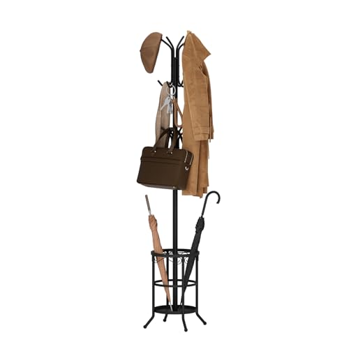 Coat Rack Freestanding with Umbrella Holder – Metal Hanger Stand, Hall Tree with 12 Hooks, Entryway Organizer for Hats, Bags, and Clothes (Black)
