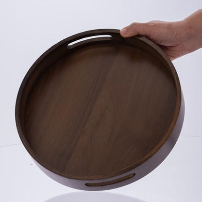 Round Trays Home Decor, 11.8" Large Round Wood Tray for Ottoman Coffee Table Trays, Wooden Kitchen Serving Decorative Trays for Home Office Counter Serveware Organizer, Walnut