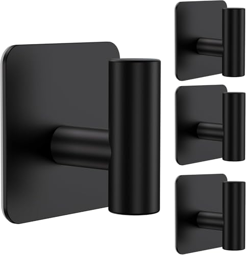 Aikzik 4 Pack Large Heavy Duty Wall Hooks - 26lb Max, Stainless Steel Adhesive Towel Hook, Shower Hooks for Hanging Towel, Coat, Robe, Wall Hook for Use in Bathroom, Kitchen and Door, Matte Black