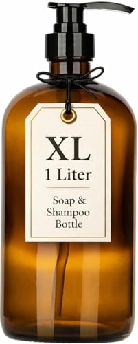 32 Ounce Glass Large Soap Dispenser - Refillable Shampoo and Conditioner Bottle with Pump for Shower and Bath - 1 Liter Shower Bottle- by Kitchentoolz