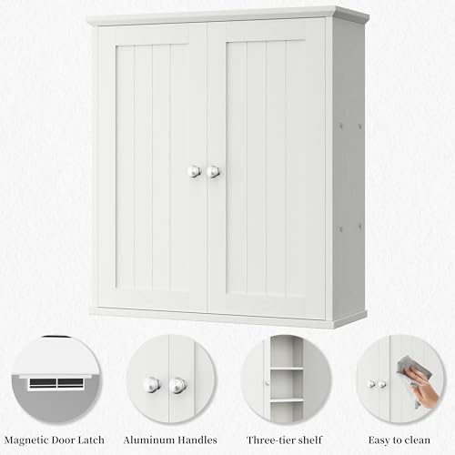 Shintenchi Bathroom Wall Medicine Cabinet, Over The Toilet Storage, White | Bathroom Storage Organizer Cupboard, with 2 Magnet Door and 3-Tier Shelves, Space Saving, Easy to Assemble & Clean