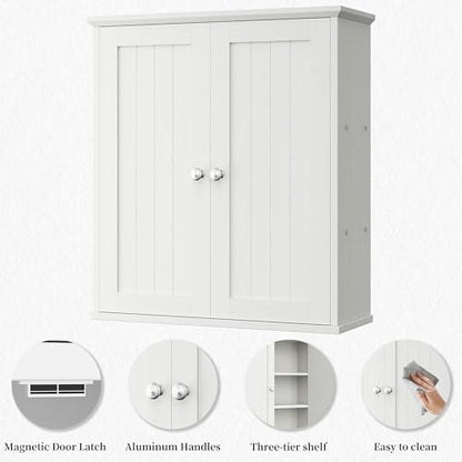 Shintenchi Bathroom Wall Medicine Cabinet, Over The Toilet Storage, White | Bathroom Storage Organizer Cupboard, with 2 Magnet Door and 3-Tier Shelves, Space Saving, Easy to Assemble & Clean
