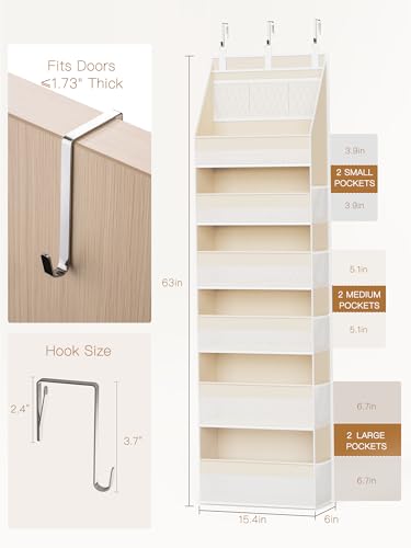 Over the Door Organizer, 6-Shelf Closet Hanging Storage with 13 Mesh Pockets, 55lbs Capacity Behind the Door Storage for Baby Nursery, Bathroom, Bedroom, and Dorm, Beige