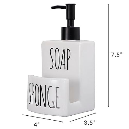 Ceramic Dish soap Dispenser with Sponge Holder Hand and Dish Soap Dispenser Set for Kitchen 2-in-1 Countertop Soap Pump Dispenser for Kitchen Sink, Useful Kitchen Gadgets - Modern Farmhouse White