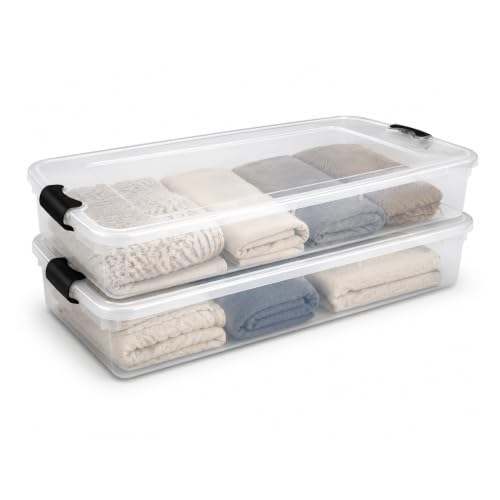HOMZ Under Bed Clear Plastic Storage Bin w/Lid, 60 Qt, Gray Latch, 2 Pack | Stackable Underbed Container Set for Shoes, Bags, Clothes, and Towel Organization