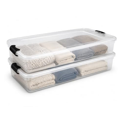 HOMZ Under Bed Clear Plastic Storage Bin w/Lid, 60 Qt, Gray Latch, 2 Pack | Stackable Underbed Container Set for Shoes, Bags, Clothes, and Towel Organization