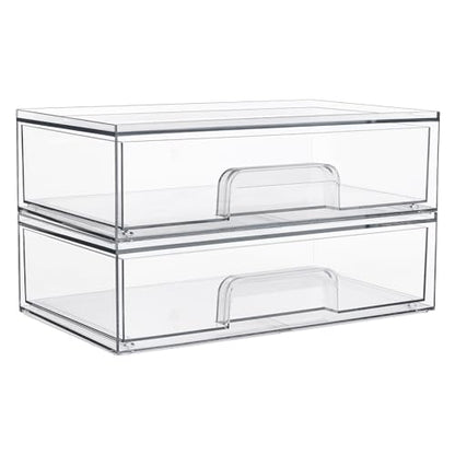 Vtopmart Clear Stackable Storage Drawers, 2 Pack Wide Plastic Organizers | Clear Pull-Out Plastic Drawers, Stackable Design for Makeup Palettes, Cosmetics, Beauty Supplies, Vanity, Cabinet and Desk