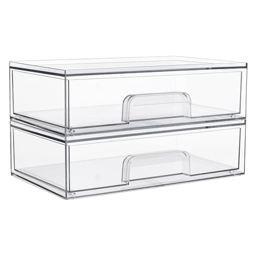 Vtopmart Clear Stackable Storage Drawers, 2 Pack Wide Plastic Organizers | Clear Pull-Out Plastic Drawers, Stackable Design for Makeup Palettes, Cosmetics, Beauty Supplies, Vanity, Cabinet and Desk