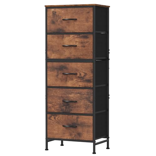 Nightstand with 5 Fabric Drawers, Skinny Dresser (Rustic Brown | Wood)