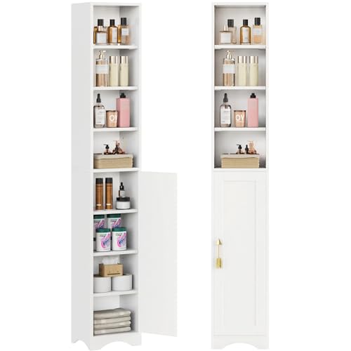 VECELO 71" Tall Narrow Storage Cabinet, Bathroom Storage Slim Freestanding Cabinet with Door & 6 Adjustable Shelves, Anti-Tip Design for Small Space, Kitchen, Living Room, White
