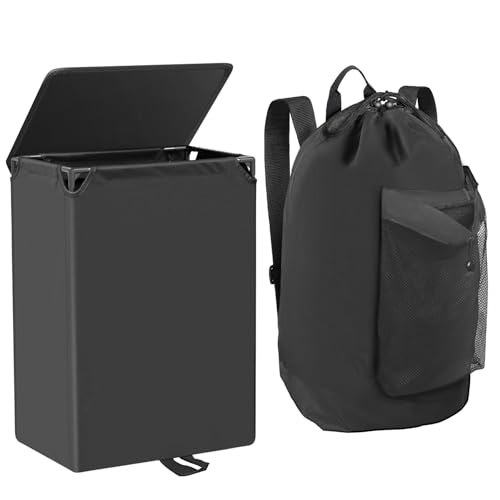 Foluck 60L 2-in-1 Laundry Hamper with Waterproof Laundry Backpack | Versatile Inner Bag with Shoulder Strap, Mesh Pocket, Internal Zippered Pouch, Hamper with Foot Strap and Lid for Dorm Travel