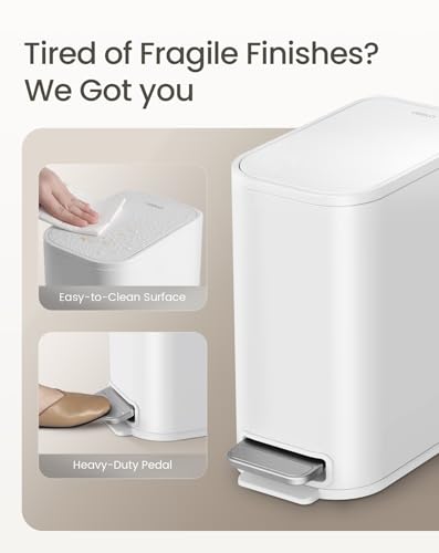 Cesun Small Bathroom Trash Can with Lid Soft Close & Pedal, 1.3 Gal, White | Removable Inner Bucket, Slim Stainless Steel Garbage Can for Bedroom/Office, Included 5 Trash Bags, Hidden Bag, Built to Last