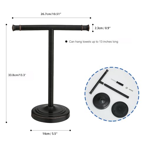 RUMOSE Oil Rubbed Bronze Hand Towel Holder Stand Countertop Towel Rack | 13 Inch Bathroom Kitchen Vanity T-Shape Towel Stand Free Standing Stainless Steel Towel Bar Towel Ring