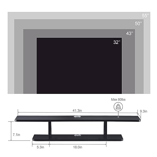 Floating TV Stand, Wall Mounted Entertainment Center and Cabinet Shelf, TV Console with Storage, Media Console for DVD Player, Space-Saving Under TV Shelf for Bedroom, Living Room (Black)