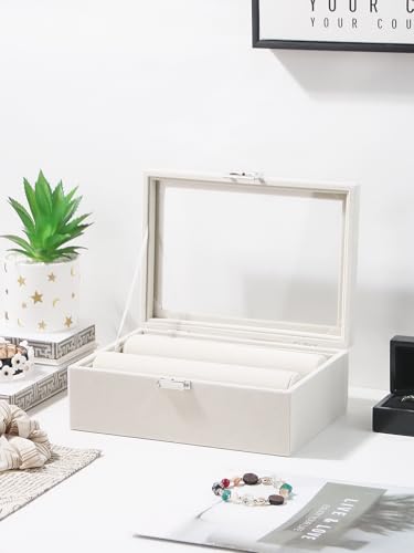 Bracelet Holder Organizer Box, Jewelry Storage Case with 2 Rods, Bangle Watch Display Tray for Women Girls (Beige)
