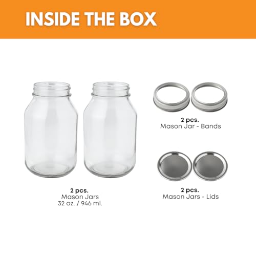 32 oz Mason Jars with Lids - 2-Pack Regular Mouth Quart Canning Set | Airtight 32oz Mason Jars | Quart Canning Jars for pickling, fermentation, food storage, crafts and kombucha brewing
