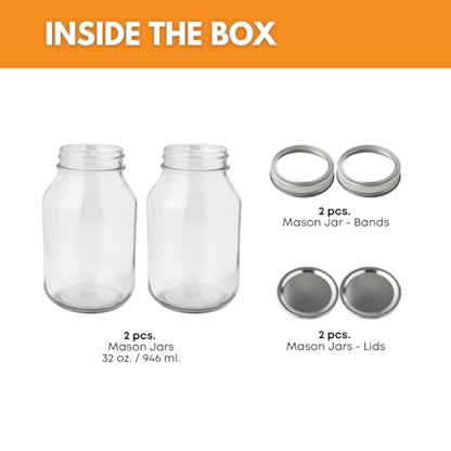 32 oz Mason Jars with Lids - 2-Pack Regular Mouth Quart Canning Set | Airtight 32oz Mason Jars | Quart Canning Jars for pickling, fermentation, food storage, crafts and kombucha brewing