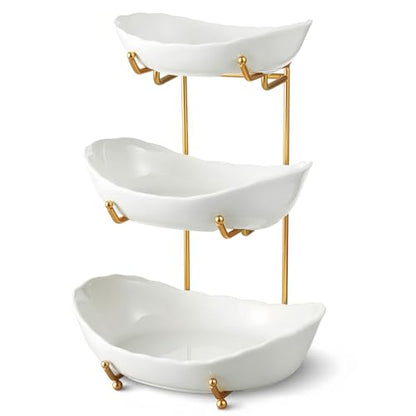 Ceramic Fruit Bowl for Kitchen Counter - 3 Tier Fruit Basket with Metal Stand, Tiered Fruit Stand for Countertop, Snack, Nuts, Cake, Dessert, Cute (Gold, Small) 1