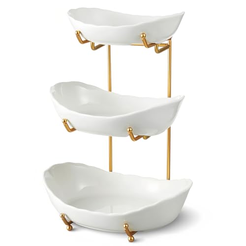 Ceramic Fruit Bowl for Kitchen Counter - 3 Tier Fr... (Gold | Ceramic)
