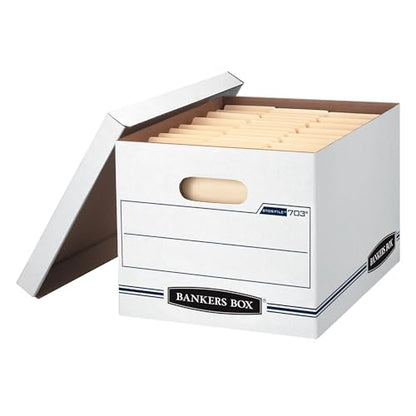 Bankers Box 4-Pack Basic-Duty File Storage Box with Lid, Letter/Legal | Tame everyday paperwork with affordable file boxes, lift-off lids, and reinforced handles for simple record storage.