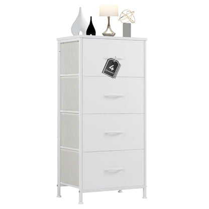 4 Drawer Dresser for Bedroom, Anti-Tip Tall Fabric Dresser | Storage Cabinet with Wood Top Steel Frame, Chest of Drawers Organizer for Closet, Office, Entryway, White