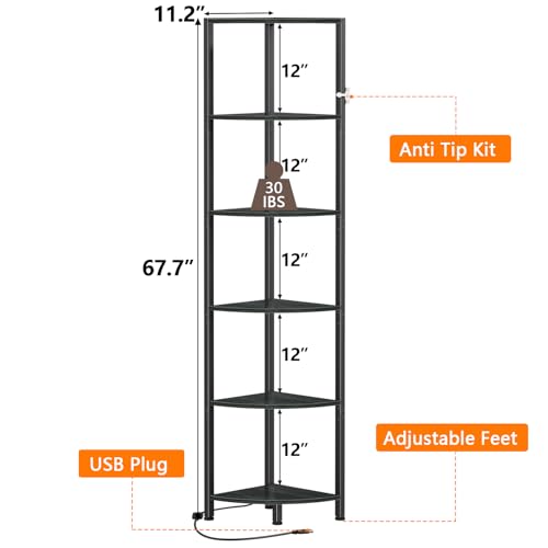 6 Tier Corner Shelf with LED Light, 67.5" Black Narrow Bookshelf | Tall Standing Shelf Organizer, Storage Rack for Wall Corner, Living Room, Bedroom, Metal Frame, Wood Display Shelf
