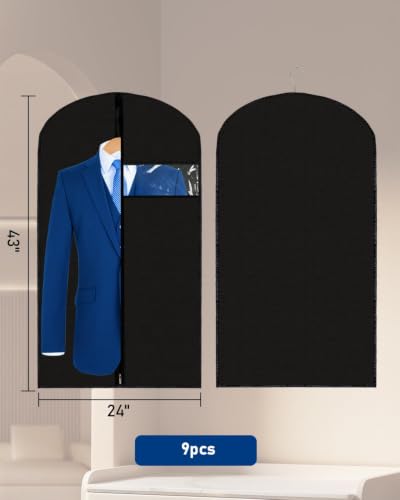 Garment Bags Suit Bags 24 x 43 Inch, 9 Packs Garment Covers for Hanging Clothes on Closet or Travel, PEVA (70GSM) Suit Covers for Storage Suits, T-shirts and Jackets