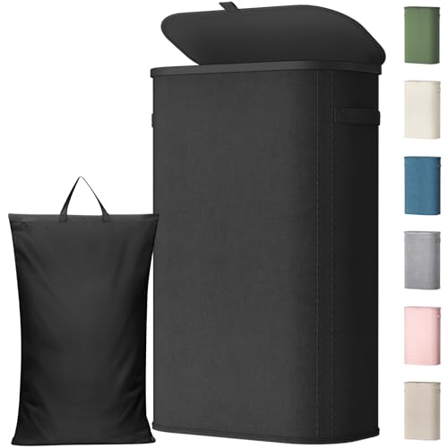 Slim Laundry Basket with Lid, Narrow Large Laundry... (Black | Polyester)