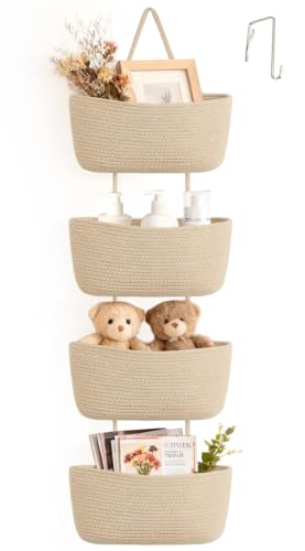 Dahey Over The Door Hanging Basket Storage 4-Tier Woven Wall Basket, Jute | Space-Saving, Hook Fits 1.77" Door, Widely Boho Nursery Organizer for Bathroom Bedroom Dorm Decor, Detachable Adjustable Rope