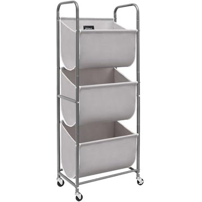 STORAGE MANIAC 120 Liters Vertical Rolling Laundry Hamper, 3 Section Laundry Sorter with Wheels and 2 Breaks, 3-tier Laundry Baskets for Small Space, Dorm, Laundry Room, Closet, Bathroom, Gray 3-tier