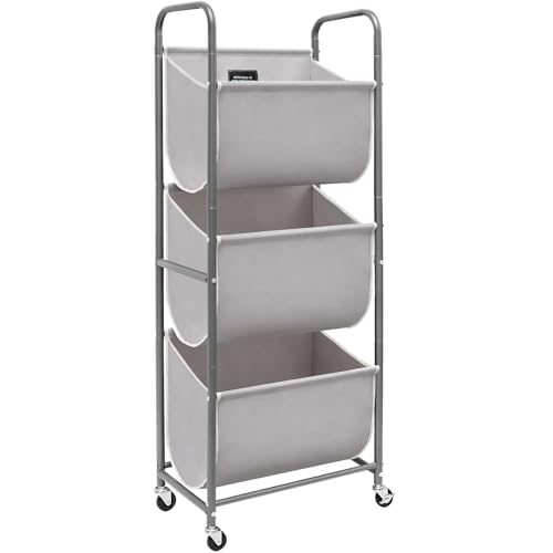STORAGE MANIAC 120 Liters Vertical Rolling Laundry Hamper, 3 Section Laundry Sorter with Wheels and 2 Breaks, 3-tier Laundry Baskets for Small Space, Dorm, Laundry Room, Closet, Bathroom, Gray 3-tier