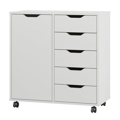Panana 5-Drawer Chest with 1 Door, Wooden Chest of Drawers Storage Dresser Cabinet with Wheels, Office Organization and Storage, Bedroom Furniture (White-S)