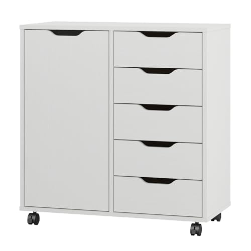 5-Drawer Chest with 1 Door, Wooden Chest of Drawer... (White-s | Wood)