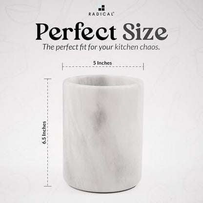 Radicaln Marble Utensil Holder Kitchen Counter, 6.5 Inch Spoon Crock | Handmade White Stone, Utensil Caddy & Crock, Countertop Organizer, Kitchen Decor, Spoon Holder, Non Slip Base, Gift Ready