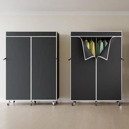 Higeego H9 Garment Rack with Cover, Heavy Duty Clothing Rack for Hanging Clothes, Portable Closet with wheels, Wardrobe Closet with Adjustable Shelves, Black Rack Shelf with Black Fabric Cover