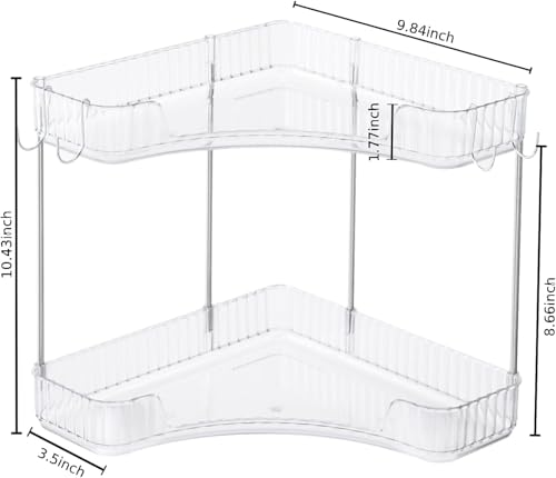 2-Tier Corner Bathroom Organizer Countertop with Hooks, for Makeup/Skincare | Bathroom Sink Corner Vanity Storage for Makeup, Skincare and Perfume (White Silver)