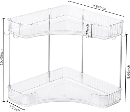 2-Tier Corner Bathroom Organizer Countertop with Hooks, for Makeup/Skincare | Bathroom Sink Corner Vanity Storage for Makeup, Skincare and Perfume (White Silver)