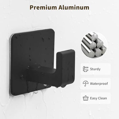 GWAAZXGZ Square Self Adhesive Towel Hooks - 4 Pack Matte Black Metal Hooks, Right-Angle Design for Towels, Robes & Hats, Organize Bathroom, Kitchen, Entryway, Doors, Cabinets on Smooth Surfaces