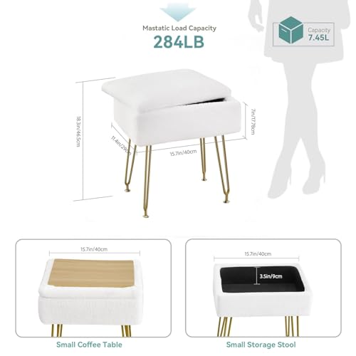 BRIAN & DANY Vanity Stool, Faux Fur Vanity Stool Chair with Storage, Rectangle Makeup Chair Soft Padded Seat with Legs for Bedroom (White)
