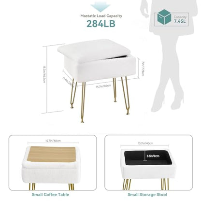 BRIAN & DANY Vanity Stool, Faux Fur Vanity Stool Chair with Storage, Rectangle Makeup Chair Soft Padded Seat with Legs for Bedroom (White)