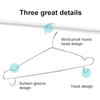 Koja Stainless Steel Clothes Hangers 10-Pack - Heavy Duty Non-Slip, 16.5" | Round metal design with shoulder notches and built-in hooks for scarves, belts, or ties.
