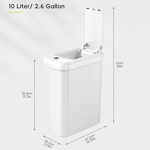 EKO Automatic Bathroom Trash Can with Lid, 2.6 Gallon Slim Touchless Garbage Can, Waterproof Motion Sensor Trash Bin for Bathroom, Office, Kitchen, White