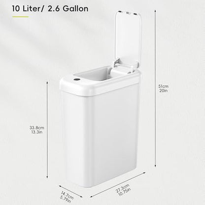 EKO Automatic Bathroom Trash Can with Lid, 2.6 Gallon Slim Touchless Garbage Can, Waterproof Motion Sensor Trash Bin for Bathroom, Office, Kitchen, White