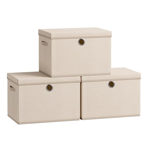 SONGMICS Large Storage Bins with Lids, 3 Pack Foldable Storage Boxes | 3 Pack Foldable Storage Boxes, 41 Quart Fabric Closet Organizer, 16.9"L x 11.8"W x 11.8"H, Summer Sand URFB545LF01