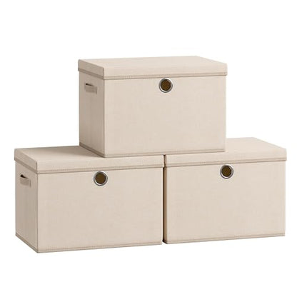 SONGMICS Large Storage Bins with Lids, 3 Pack Foldable Storage Boxes | 3 Pack Foldable Storage Boxes, 41 Quart Fabric Closet Organizer, 16.9"L x 11.8"W x 11.8"H, Summer Sand URFB545LF01
