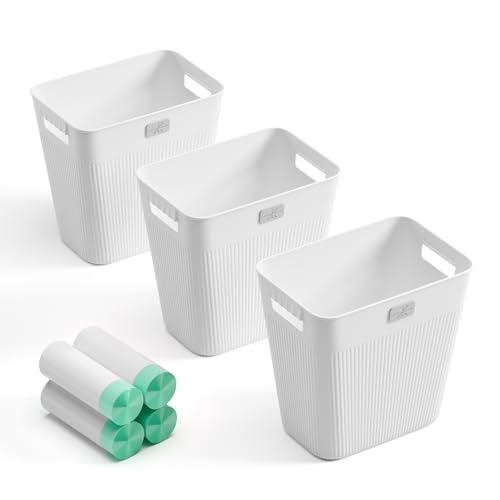 JOYMOOP Slim Trash Can 3-Pack, 2.2 Gallon Plastic Wastebasket for Bathroom, Bedroom, Office, Kitchen with 4 Rolls Bags, White